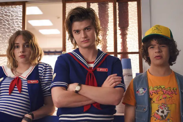 Maya Hawke, Joe Keery and Gaten Matarazzo in a scene from the series 'Stranger Things'