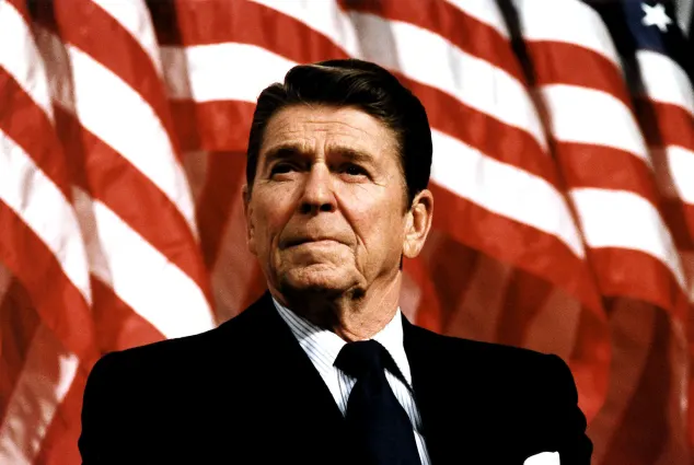 Former US President Ronald Reagan speaks at a rally for Senator Durenberger February 8, 1982.