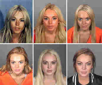 This composite image compares the six booking photos of actress Lindsay Lohan.