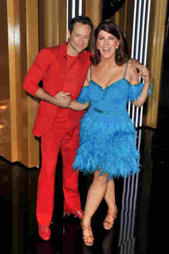 Pasha Pashkov and Kate Flannery attend the "Dancing With The Stars" Season 28 show at CBS TelevisIon City on September 16, 2019