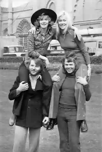 Swedish pop stars (clockwise, from bottom left), Benny Andersson, Anni-Frid Lyngstad, Agnetha Fältskog, and Björn Ulvaeus of ABBA at Brighton in 1974