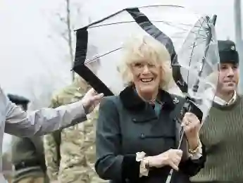 Camilla has umbrella problems in 2013 while visiting Wiltshire