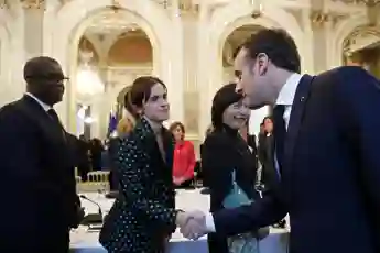 Actress Emma Watson meets French President Emmanuel Macron in Paris, France.