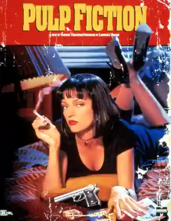 Uma Thurman on the poster for ﻿Pulp Fiction (1994) dir. Quentin Tarantino.