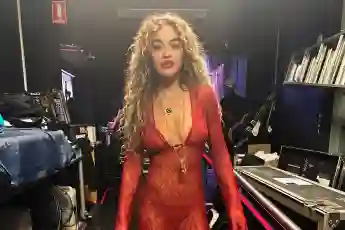 Rita Ora see-through dress red