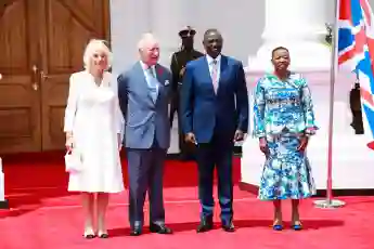 King Charles III state visit to Kenya - 31 Oct 2023 (L-R) Queen Camilla, King Charles III, Kenya s president William Rut