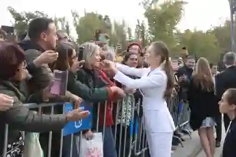 Spanish King Felipe VI , Queen Letizia Ortiz , Princess of Asturias Leonor de Borbon Infant Sofia de Borbon in Plaza Ori