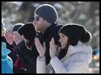 . 14/02/2024. Whistler, Canada. Prince Harry and Meghan Markle, the Duke and Duchess of Sussex, at a training camp in Wh