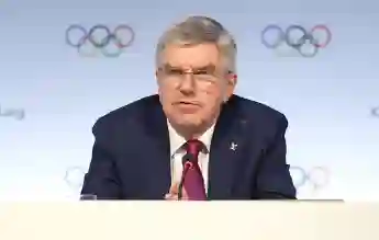 (231016) -- MUMBAI, Oct. 16, 2023 -- International Olympic Committee (IOC) president Thomas Bach attends the press confe