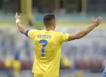 RIYADH, SAUDI ARABIA - DECEMBER 1: Cristiano Ronaldo of Al-Nassr reacts during the Saudi Pro League match between Al-Hil