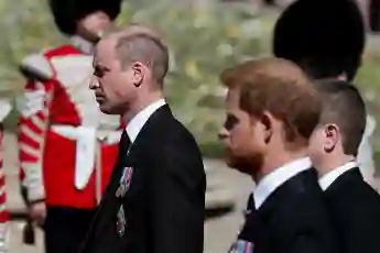 Prince William and Prince Harry at Prince Philip's funeral. Heir to the throne William fights back tears