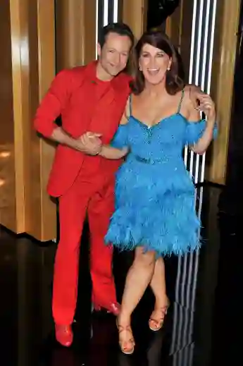 Pasha Pashkov and Kate Flannery attend the "Dancing With The Stars" Season 28 show at CBS TelevisIon City on September 16, 2019
