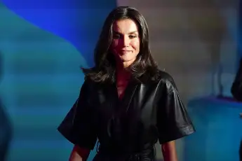 Queen Letizia of Spain black leather dress rocker royal family fashion style outfit 2022 news latest