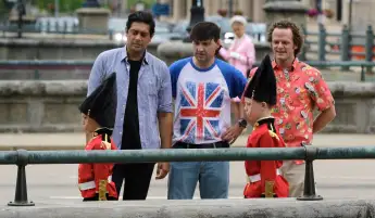 Syndication: The Providence Journal, Actors Abhi Sinha as Jason, Adam Carbone as Paul, and Nick Pasqual as Clyde stand a