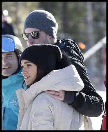 . 14/02/2024. Whistler, Canada. Prince Harry and Meghan Markle, the Duke and Duchess of Sussex, at a training camp in Wh