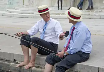 Stephen Colbert, host of the Comedy Central show The Colbert Report works on a bit with United States Representative Jac