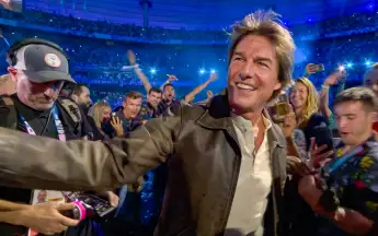 Tom Cruise during the passing of the Olympic flag between Paris and Los Angeles during the cLosing ceremony of the Paris