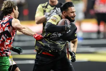 February 08, 2024: Television personality Pauly D runs through the defense during the 24th annual Celebrity Flag Footbal