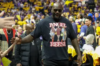 March 03, 2024: Shaquille O Neal shakes hands with fans during NCAA, College League, USA Women s Basketball game action