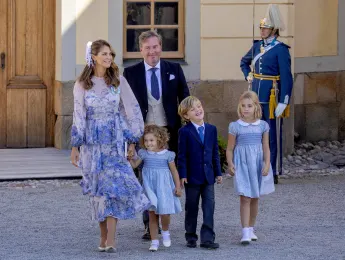 Princess Madeleine, Christopher O'Neill, Prince Nicolas, Princess Leonore and Princess Adrienne at the christening of Prince Julian on August 14, 2021.