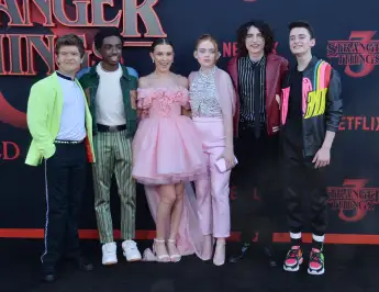 The cast of "Stranger Things" with Gaten Matarazzo, Caleb McLaughlin, Millie Bobby Brown, Sadie Sink, Finn Wolfhard and Noah Schnapp on June 28, 2019