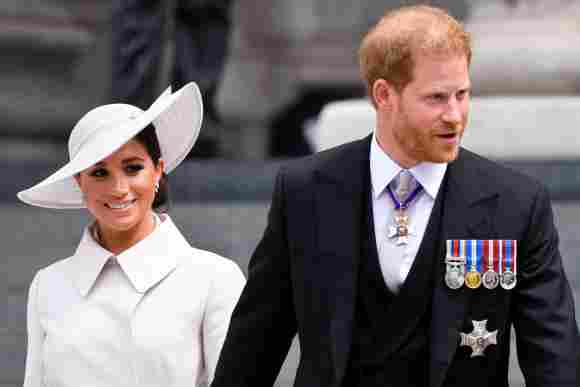 Duchess Meghan and Prince Harry UK visit 2022 royal family Queen Elizabeth jubilee church service Trooping the Colour