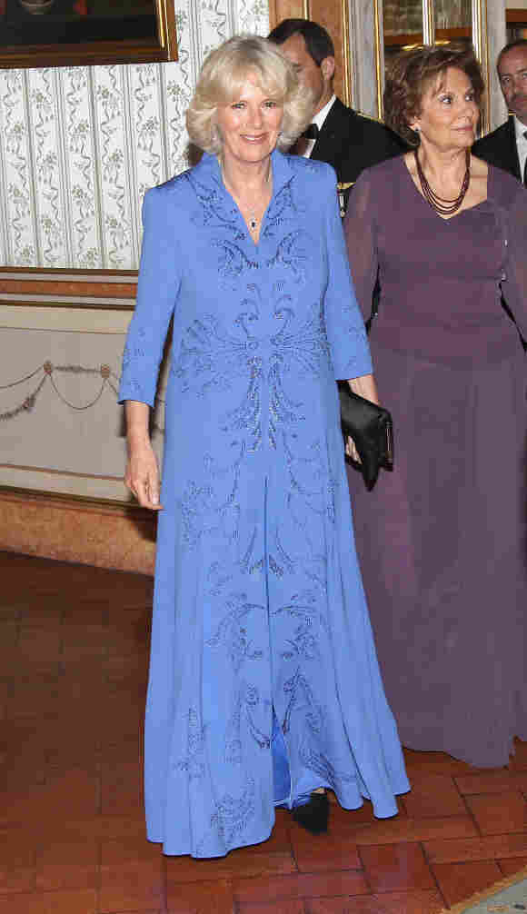 Camilla, Duchess of Cornwall, during a greeting line at an official dinner at Queluz National Palace on day one of a two day visit to Portugal on March 28, 2011 in Lisbon, Portuga
