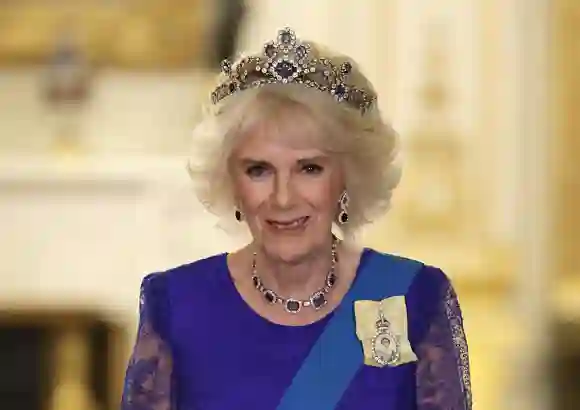 Queen Consort Camilla first tiara crown look state banquet King Charles Belgian Sapphire Tiara Queen Elizabeth II