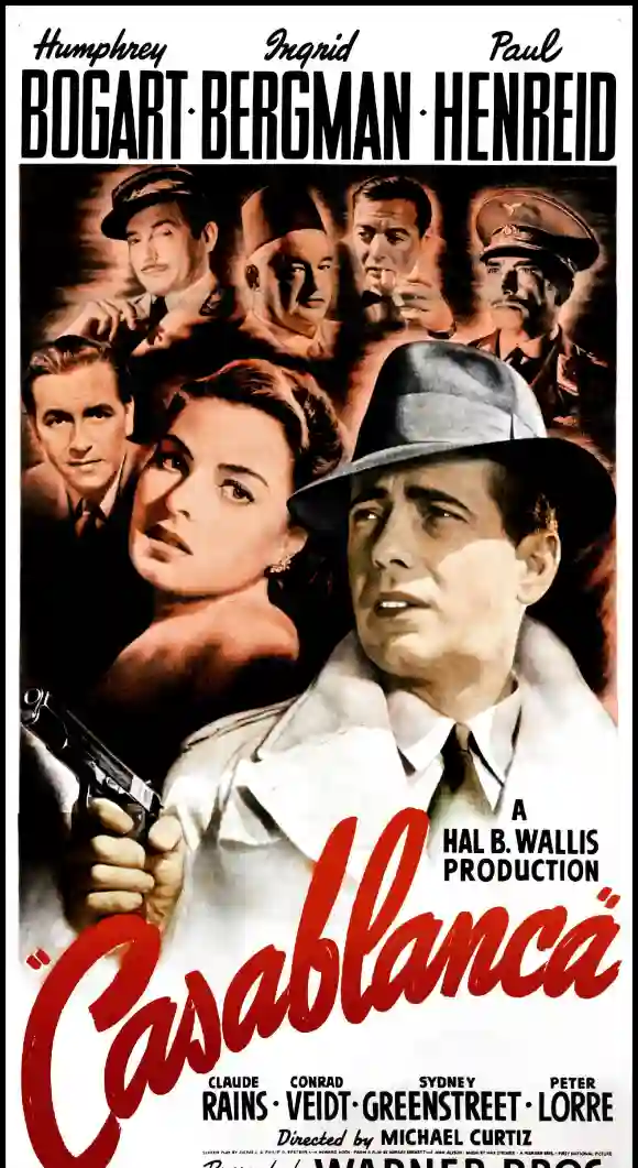 Casablanca (1942) starring Humphrey Bogart and Ingrid Bergman.