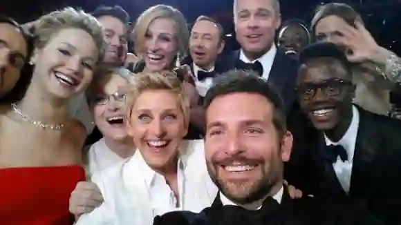 Ellen DeGeneres takes a selfie for the ages from the front row during the 86th Academy Awards