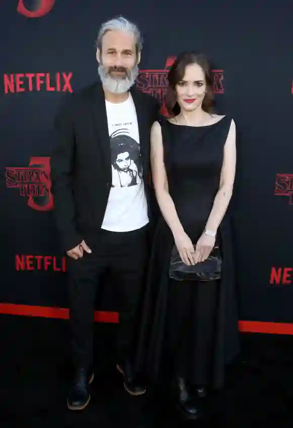 Scott Mackinlay Hahn and Winona Ryder at the 'Stranger Things' Season 3 premiere in Santa Monica, California.