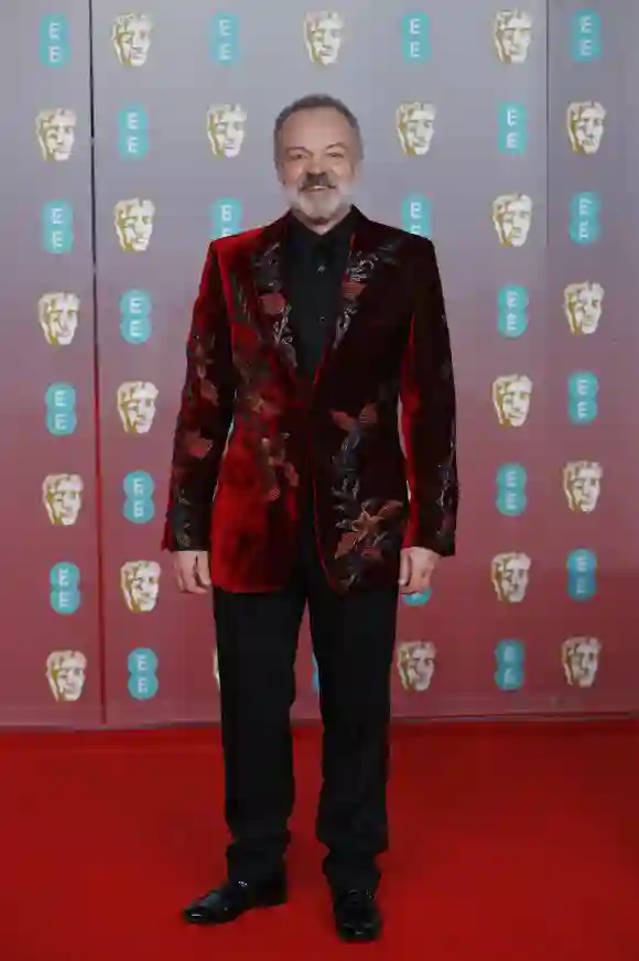 Graham Norton poses on the red carpet at the BAFTAs on February 2, 2020.