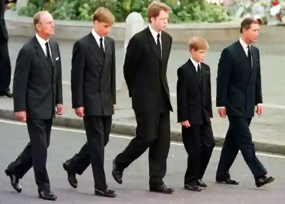 Princess Diana's funeral procession: Prince Philip, Prince William, Charles Spencer, Prince Harry and Prince Charles.