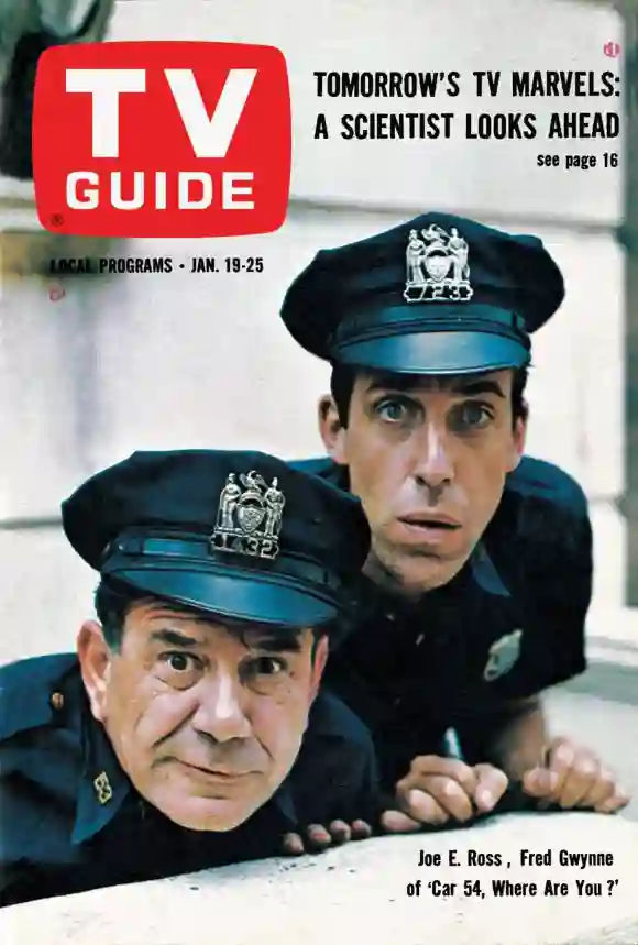 CAR 54, WHERE ARE YOU, Joe E. Ross, Fred Gwynne, TV GUIDE cover, January 18-25, 1963. ph : Philippe Halsman. TV Guide/co
