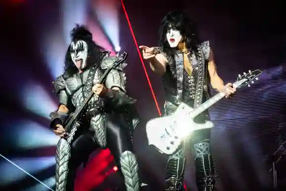 Gene Simmons (L) is seen live on stage with guitarist Paul Stanley