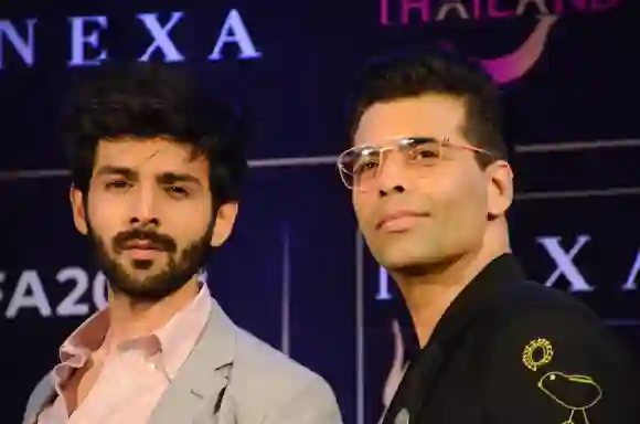 May 17 2018 Delhi India Bollywood movie star Kartik Aaryan and director Karan Johar pose for p