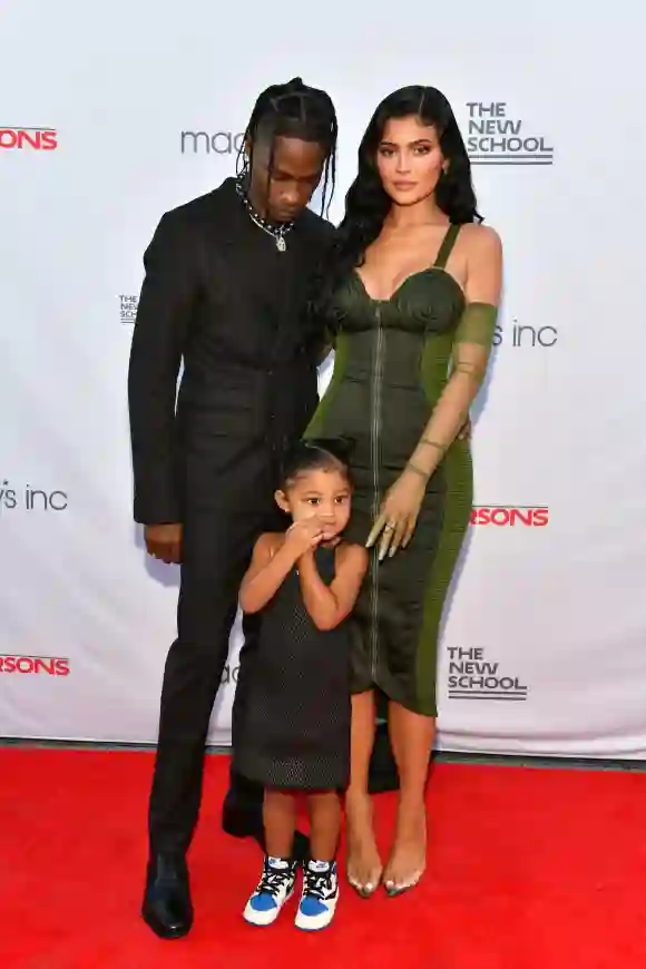 Travis Scott, Kylie Jenner, and Stormi Webster attend the The 72nd Annual Parsons Benefit