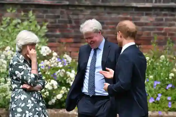 . 01/07/2021. London, United Kingdom. Prince Harry with Lady Jane Fellowes and Earl Spencer, at the unveiling of the ne