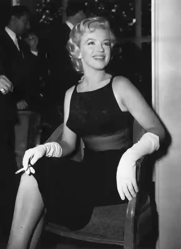 American film actress Marilyn Monroe (1926-1962) at a Press Conference at the Savoy Hotel in London to publicize her forthcoming film, 'The Prince and the Showgirl'