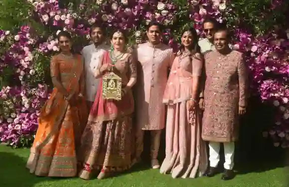 MUMBAI INDIA MARCH 9 Anant Ambani Radhika Merchant Nita Ambani Akash Ambani Mukesh Ambani an