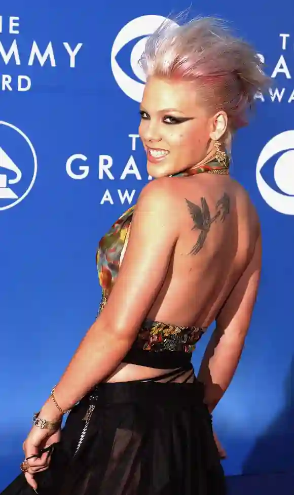 Pink llega a la 44 edición de los premios Grammy en Los Ángeles, California, el 27 de febrero de 2002.