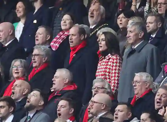 CARDIFF, WALES - FEBRUARY 25: HRH Prince William, Prince of Wales, and HRH Princess Kate, Princess of Wales, sing the national anthems prior to the Six Nations Rugby match between Wales and England at Principality Stadium on February 25, 2023 in Cardiff, Wales. (Photo by David Rogers/Getty Images)