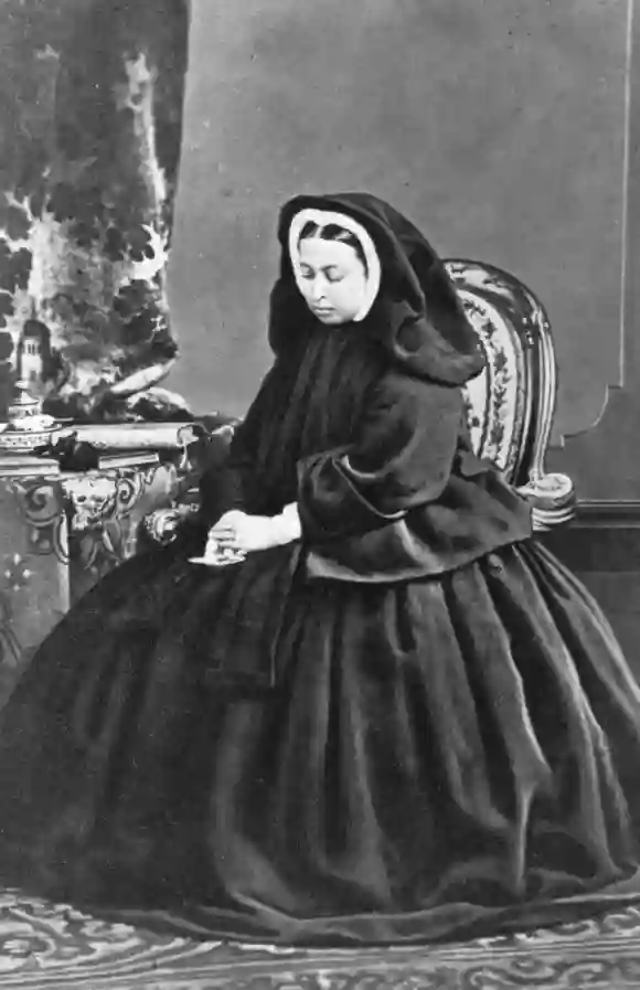 Queen Victoria in her widow's weeds in 1863 after Prince Albert's death.