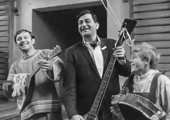 Moscow, USSR. July, 1967. Indian actor and director Raj Kapoor (C) visits the Moscow State School of Circus and Variety