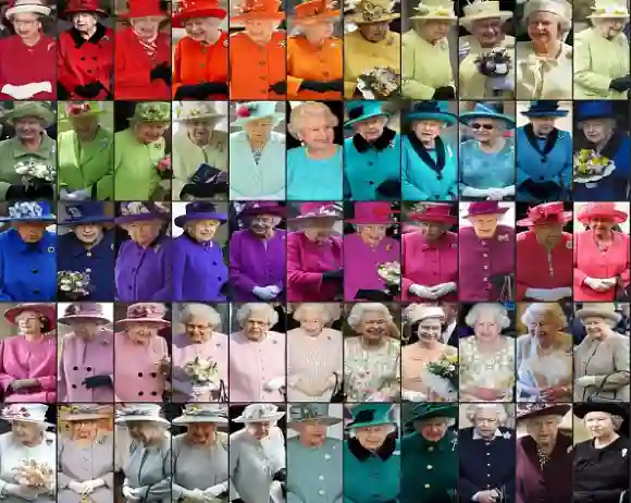 (COMBO) Cette combinaison d'images créée le 29 octobre 2021 montre les différentes tenues colorées portées par la reine Élisabeth II de Grande-Bretagne au fil des décennies. (Photo by POOL / AFP) (Photo by STF/POOL/AFP via Getty Images)