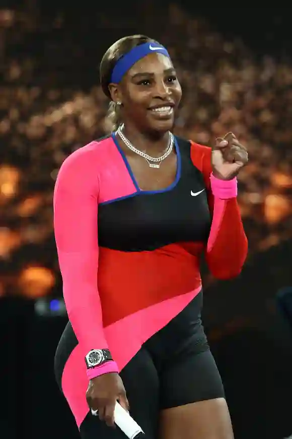 Serena Williams of the United States celebrates winning her Women's Singles Quarterfinals match against Simona Halep of Romania during day nine of the 2021 Australian Open