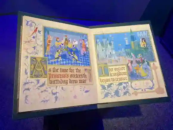 Vue du livre La Belle au bois dormant dans l'exposition Disney 100 dans le cadre de son anniversaire à l'Institute Franklin Museu