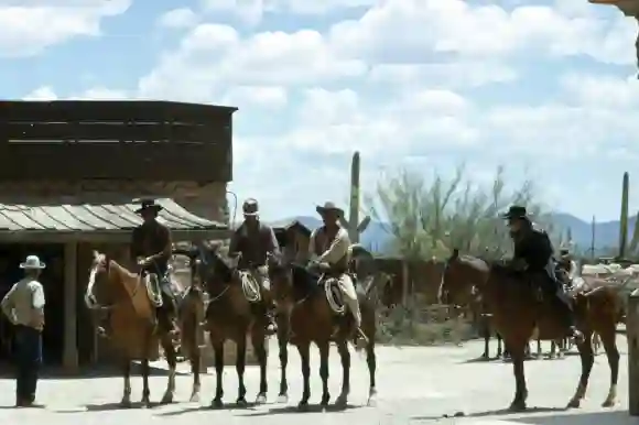 THE HIGH CHAPARRAL, on horses, from left: Henry Darrow, Mark Slade, Leif Erickson, Cameron Mitchell, 1967, 1967-1971. ph