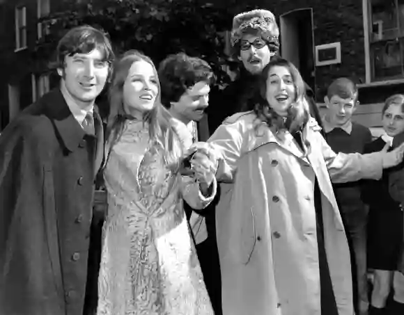 The Mamas and Papas and Scott McKenzie (third from left) . They are pictured in London after Mama Cass Elliot (on right