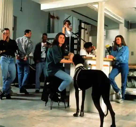 THE REAL WORLD, NYC, MTV Reality Series, from left: Eric, Norman, Kevin, Andre, Becky, Heather B., Julie, Gouda (dog), (Season 1), 1992-